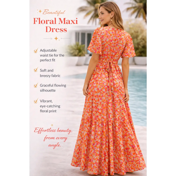 Beautiful Floral Maxi Dress – V-Neck Flowy Summer Dress with Adjustable Waist Tie - Women’s Dress