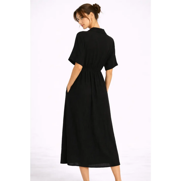 Black Button-Front Midi Dress – Casual Chic Collared Dress with Pockets - Women’s Dress