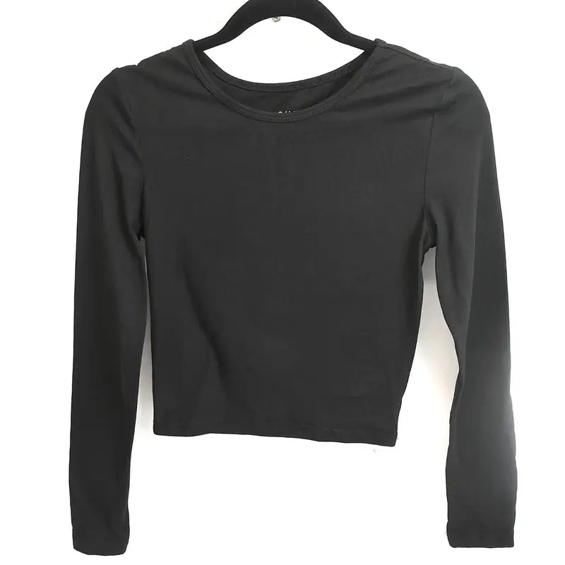 Black Long Sleeve Fitted Crop Top, Round Neck
