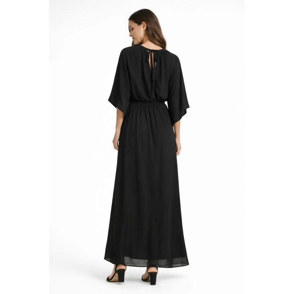Black Tie-Neck Flutter Sleeve Maxi Dress – Elegant Flowing Evening Dress - Women’s Dress