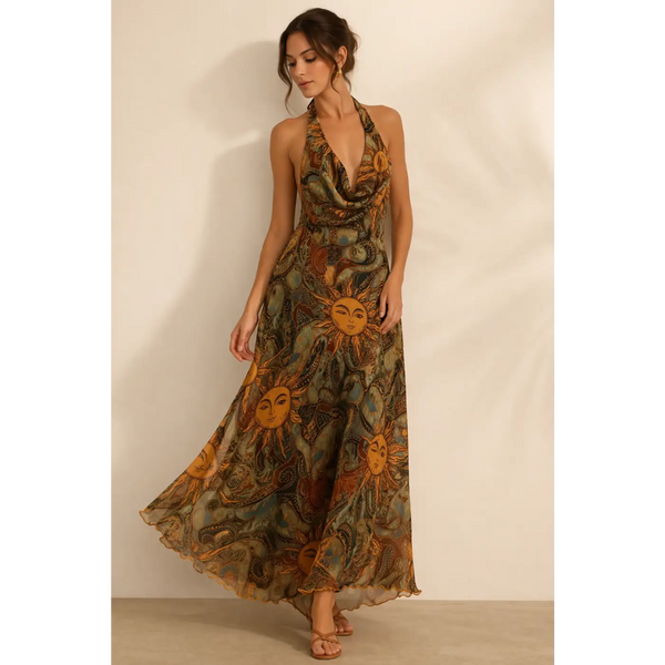Bohemian Halter Maxi Dress – Backless Sun & Moon Print Flowing Dress - Women’s Dress
