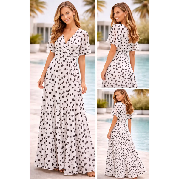 Chic Polka Dot Wrap Maxi Dress – Black & White Elegant Summer Dress - Women’s Dress