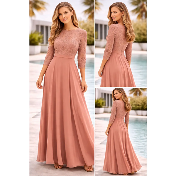 Dusty Rose Lace Bodice Maxi Dress – Elegant Long Sleeve Evening Dress - Women’s Dress