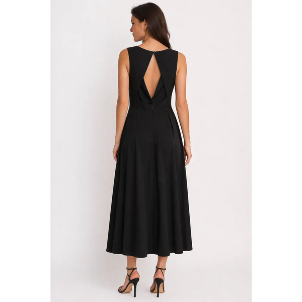 Elegant Black Midi Dress – Sleeveless Open Back A-Line Dress - Women’s Dress