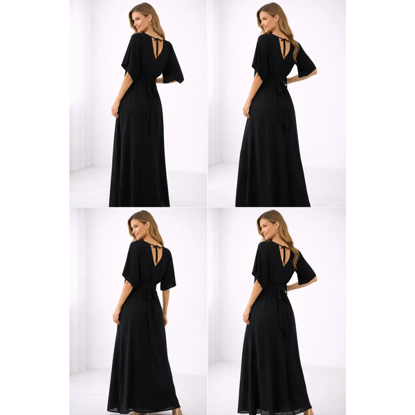 Elegant Black Wrap Maxi Dress – Short Sleeve Tie Waist Flowing Gown - Women’s Dress