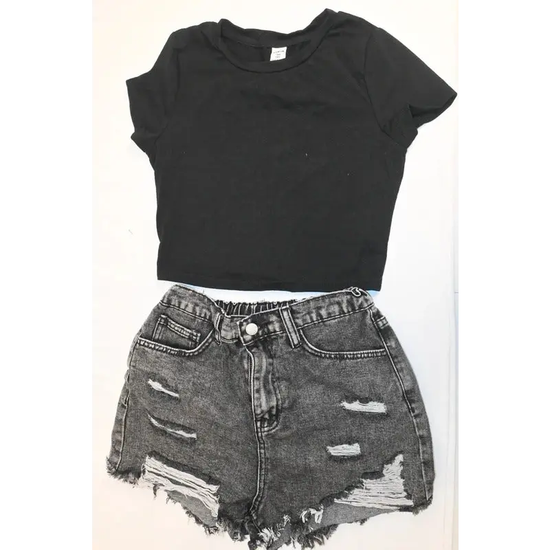 Grey Acid Wash Ripped Denim Shorts & Black Mock