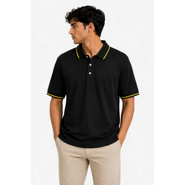 Men’s Black Polo Shirt with Yellow Contrast Trim - Men’s Polo Shirt