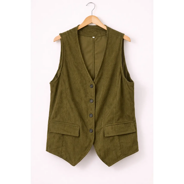 Olive Corduroy Button-Front Vest – Tailored Sleeveless Layering Piece