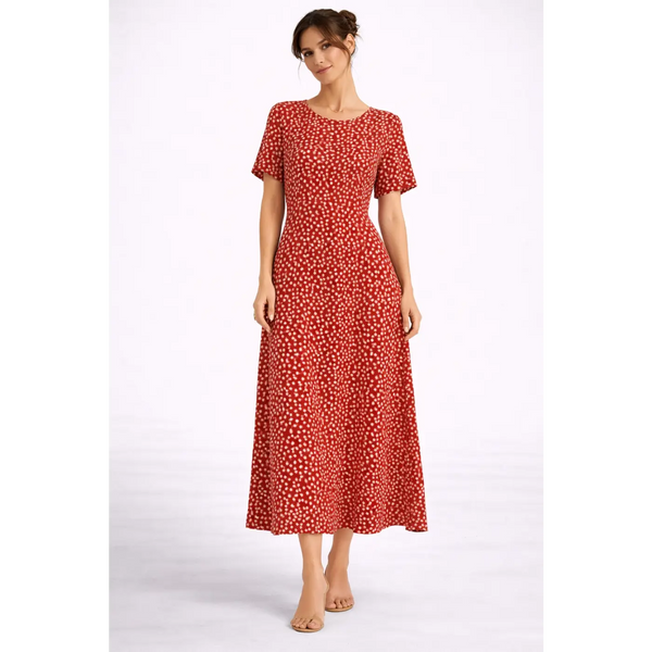 Red Floral Midi Dress – Elegant Short Sleeve Fit & Flare Dress - Women’s Dress