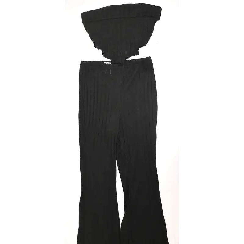 SHEIN Black Ribbed Bandeau Top & Wide Leg Flared Trousers