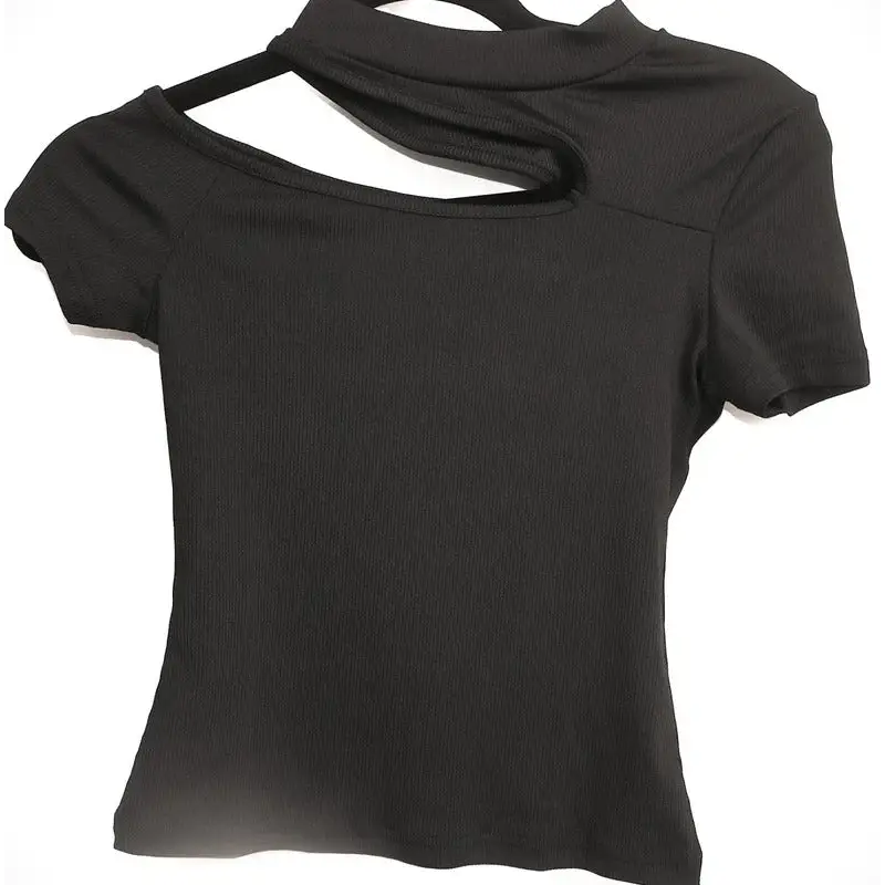 SHEIN Black Ribbed Choker Neck Cut-Out Crop Top, Petite XXS