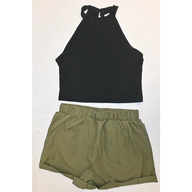 SHEIN Girls Black Halter Crop Top & Khaki/Olive Shorts Set