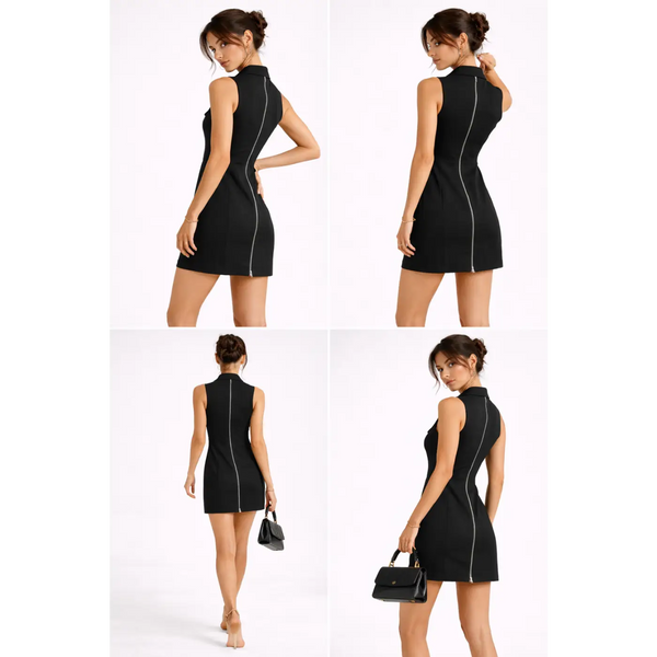Sleek Zip-Up Mini Dress – Tailored Sleeveless Bodycon Dress - Women’s Dress
