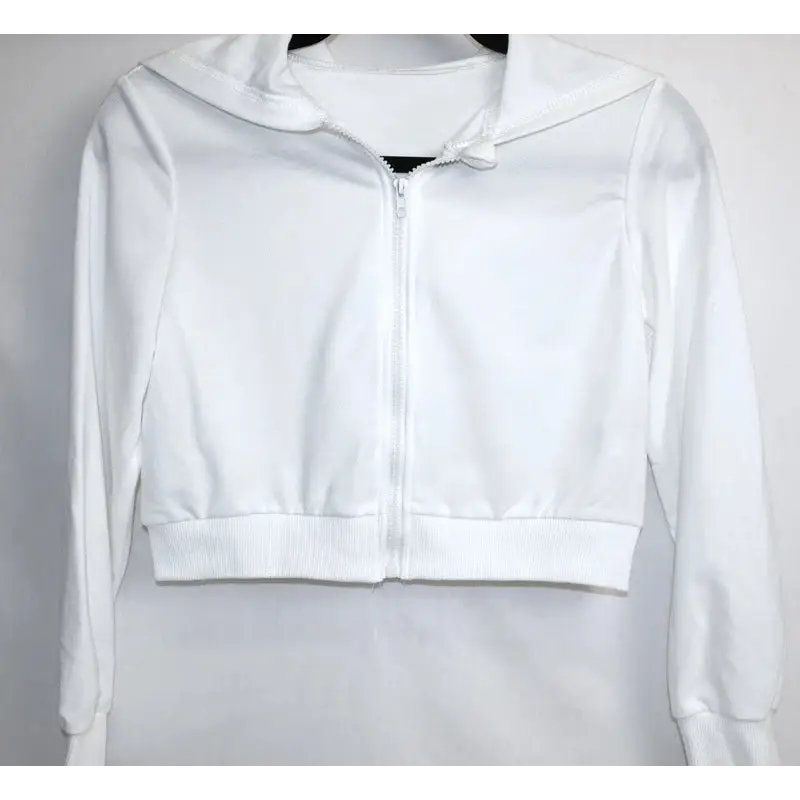 White Cropped Zip-Up Hoodie / Crop Sweatshirt, Long Sleeve