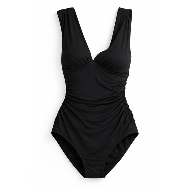 Women’s Black Ruched One-Piece Swimsuit – V-Neck Tummy Control - Women’s Swimwear