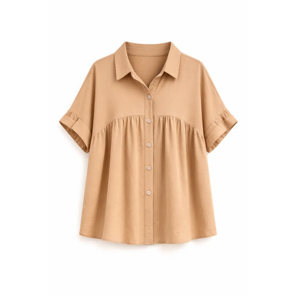 Women’s Button-Up Babydoll Blouse – Loose Fit Short Sleeve Shirt - Tops