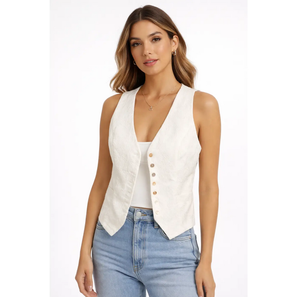 Women’s Elegant Textured Button Vest – Sleeveless Tailored Waistcoat - Vest / Waistcoat
