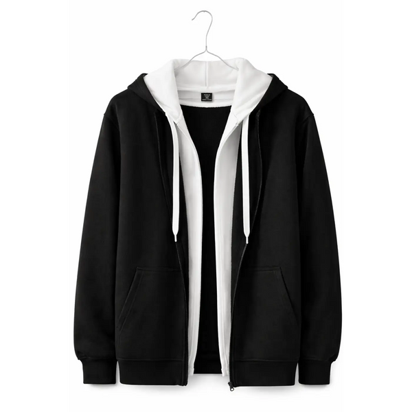 Women’s Longline Zip-Up Hoodie Jacket – Black & White Contrast - Hoodies & Sweatshirts