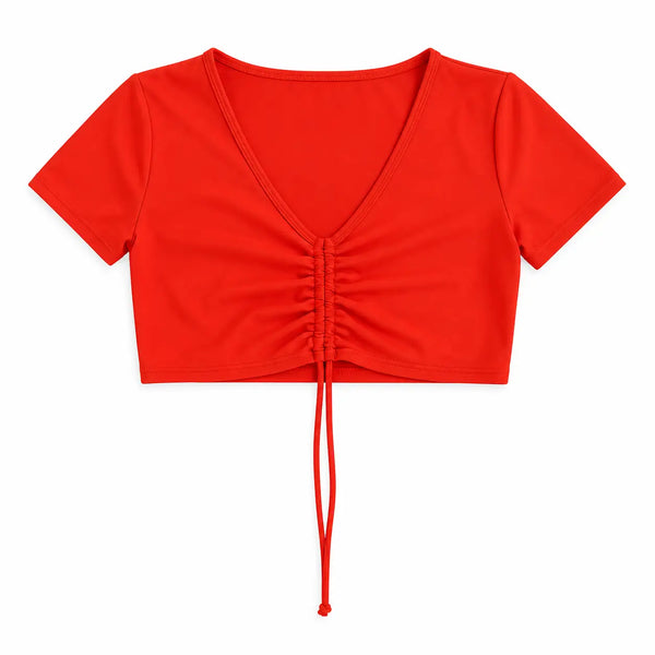 Women’s Red Ruched Crop Top & Drawstring Shorts Set – 2 Piece Lounge Outfit