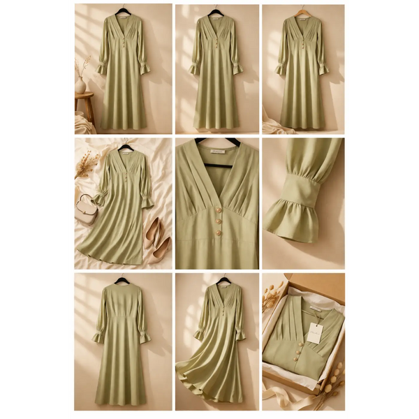 Women’s Sage Green V-Neck Midi Dress – Long Sleeve Elegant Flowy Dress - Dresses