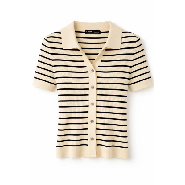 Women’s Striped Ribbed Polo Top – Short Sleeve Button Knit Shirt