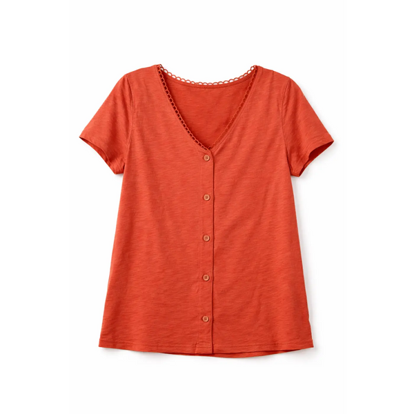 Women’s V-Neck Button Front T-Shirt – Casual Short Sleeve Top (Rust Orange) - T-Shirts