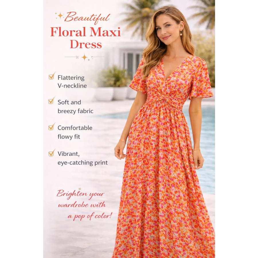 Beautiful Floral Maxi Dress – V-Neck Flowy Summer Dress with Adjustable Waist Tie - Women’s Dress