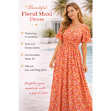 Beautiful Floral Maxi Dress – V-Neck Flowy Summer Dress with Adjustable Waist Tie - Women’s Dress
