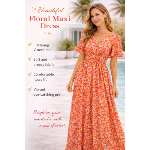 Beautiful Floral Maxi Dress – V-Neck Flowy Summer Dress with Adjustable Waist Tie - Women’s Dress