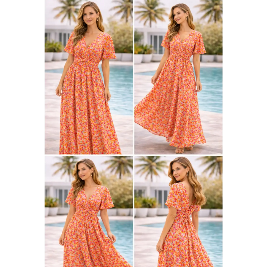 Beautiful Floral Maxi Dress – V-Neck Flowy Summer Dress with Adjustable Waist Tie - Women’s Dress