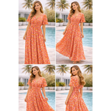 Beautiful Floral Maxi Dress – V-Neck Flowy Summer Dress with Adjustable Waist Tie - Women’s Dress