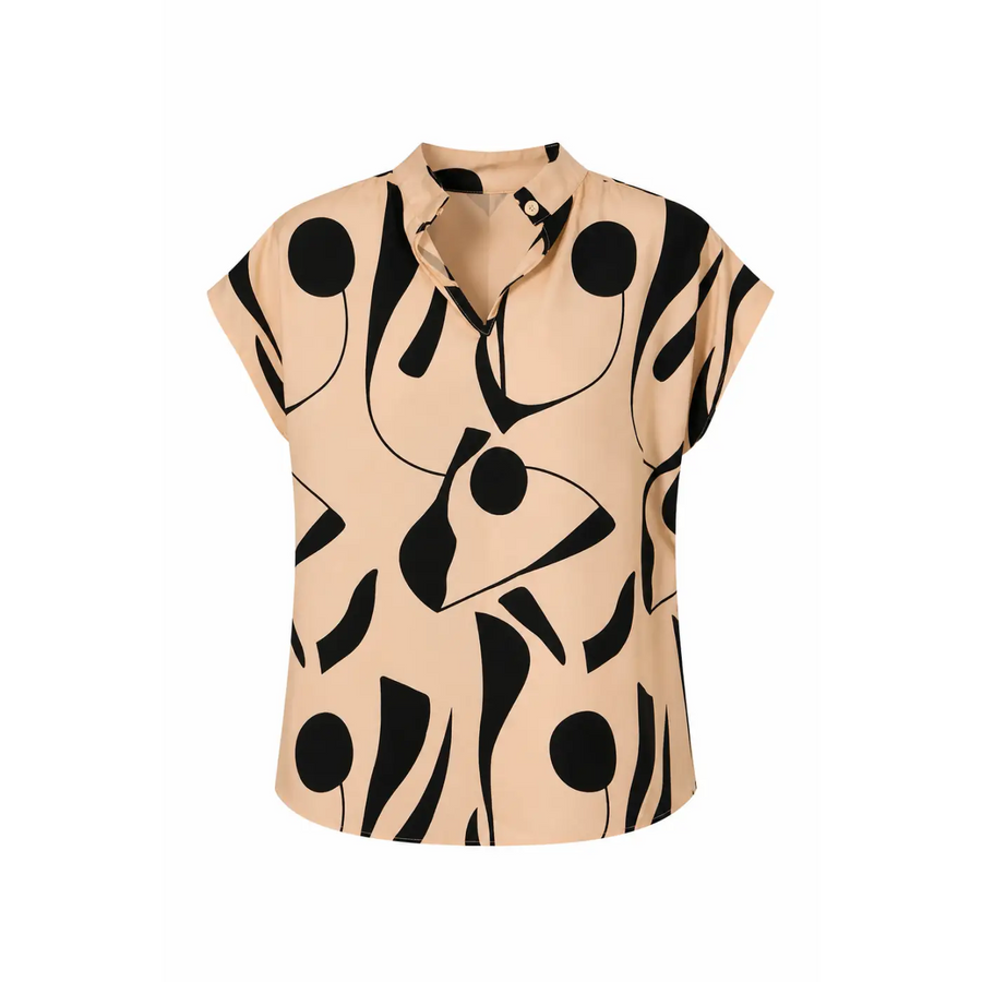 Beige Abstract Print Cap Sleeve Blouse – Modern Minimalist Top