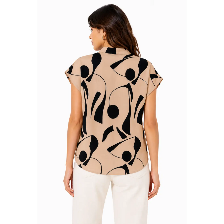 Beige Abstract Print Cap Sleeve Blouse – Modern Minimalist Top