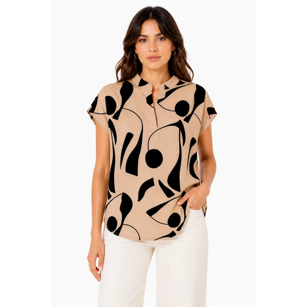 Beige Abstract Print Cap Sleeve Blouse – Modern Minimalist Top