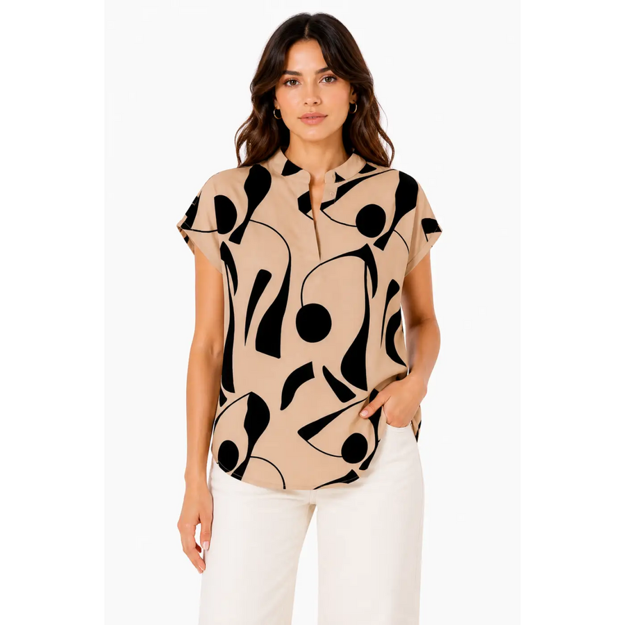 Beige Abstract Print Cap Sleeve Blouse – Modern Minimalist Top
