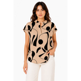 Beige Abstract Print Cap Sleeve Blouse – Modern Minimalist Top