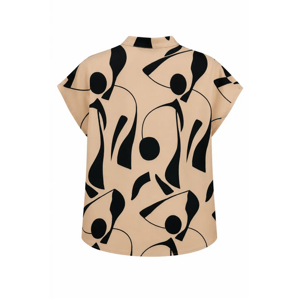 Beige Abstract Print Cap Sleeve Blouse – Modern Minimalist Top