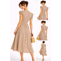 Beige Printed Midi Dress – Ruffle Sleeve Button Front Dress - Women’s Dress
