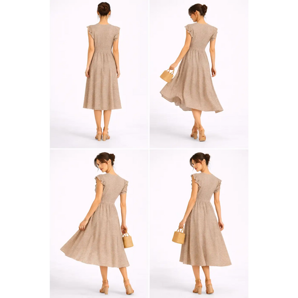 Beige Printed Midi Dress – Ruffle Sleeve Button Front Dress - Women’s Dress