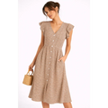Beige Printed Midi Dress – Ruffle Sleeve Button Front Dress - Women’s Dress