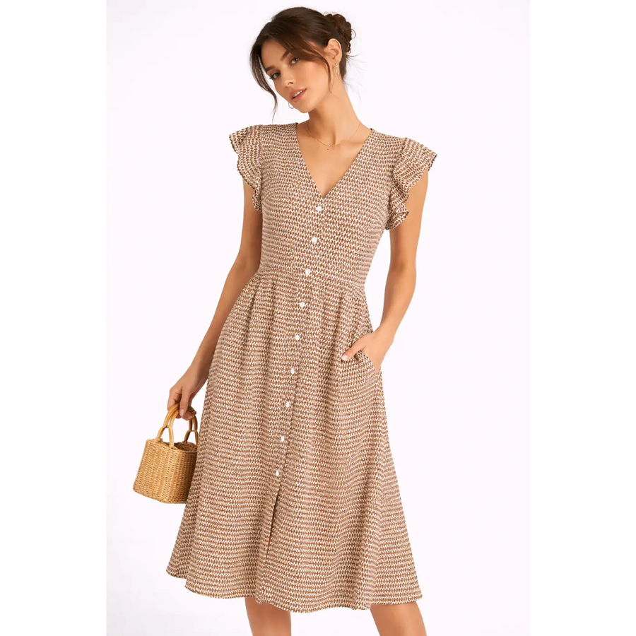 Beige Printed Midi Dress – Ruffle Sleeve Button Front Dress - Women’s Dress
