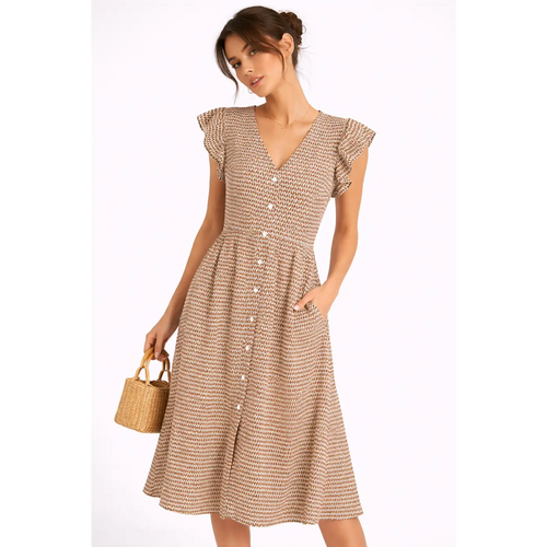 Beige Printed Midi Dress – Ruffle Sleeve Button Front Dress - Women’s Dress