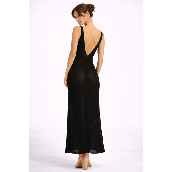 Black Backless Knit Maxi Dress – Sleeveless Deep V Elegant Bodycon Dress - Women’s Dress