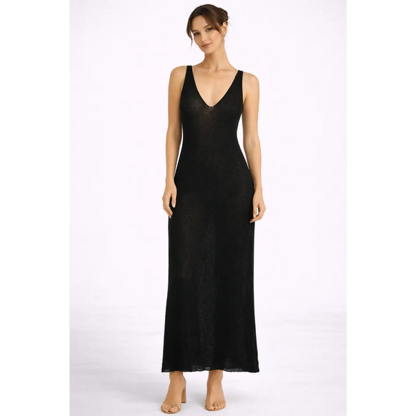 Black Backless Knit Maxi Dress – Sleeveless Deep V Elegant Bodycon Dress - Women’s Dress