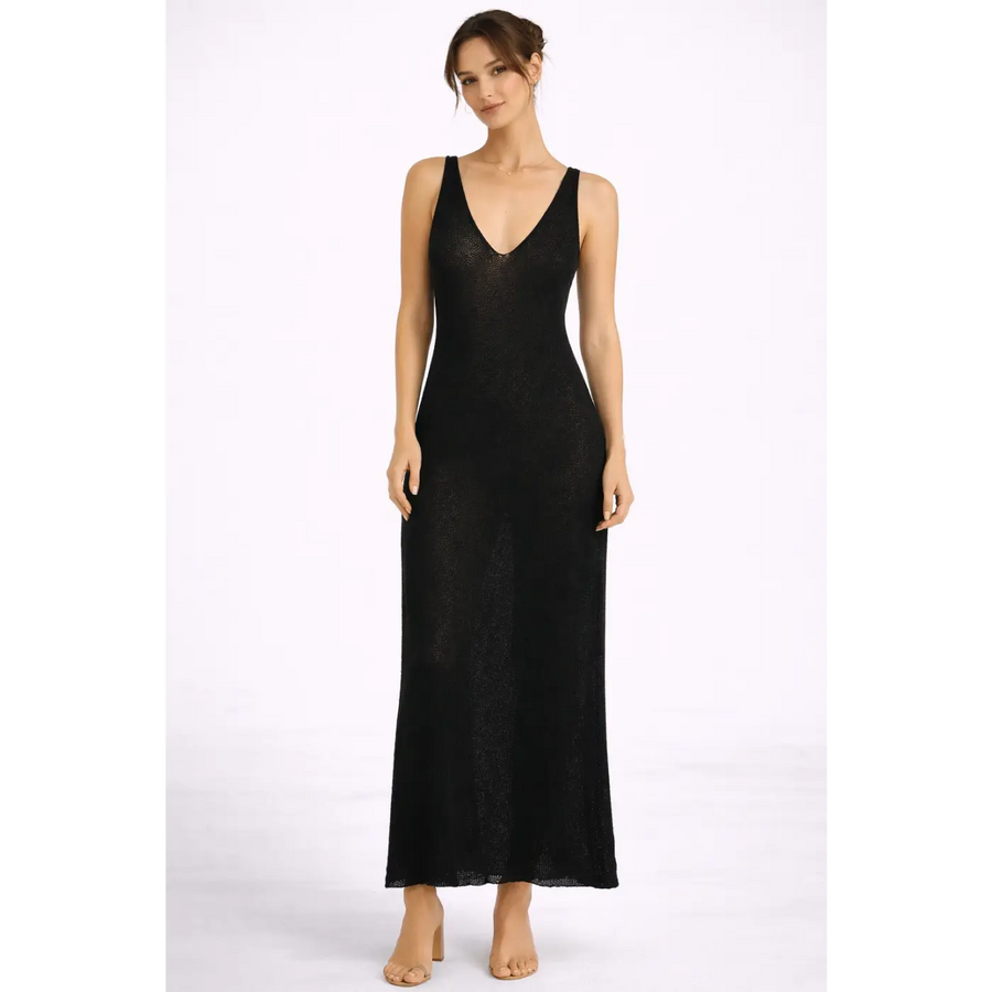 Black Backless Knit Maxi Dress – Sleeveless Deep V Elegant Bodycon Dress - Women’s Dress