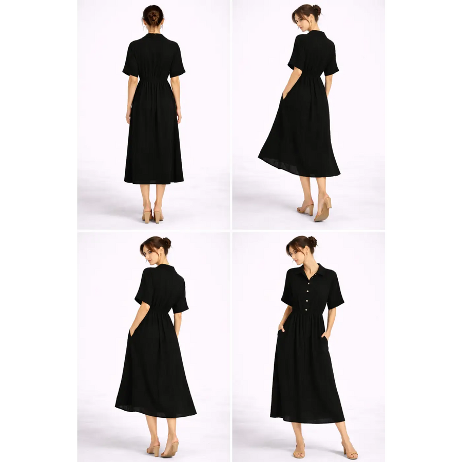 Black Button-Front Midi Dress – Casual Chic Collared Dress with Pockets - Women’s Dress