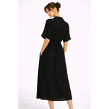 Black Button-Front Midi Dress – Casual Chic Collared Dress with Pockets - Women’s Dress