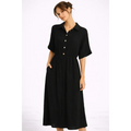 Black Button-Front Midi Dress – Casual Chic Collared Dress with Pockets - Women’s Dress