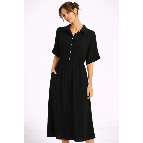 Black Button-Front Midi Dress – Casual Chic Collared Dress with Pockets - Women’s Dress