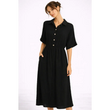 Black Button-Front Midi Dress – Casual Chic Collared Dress with Pockets - Women’s Dress